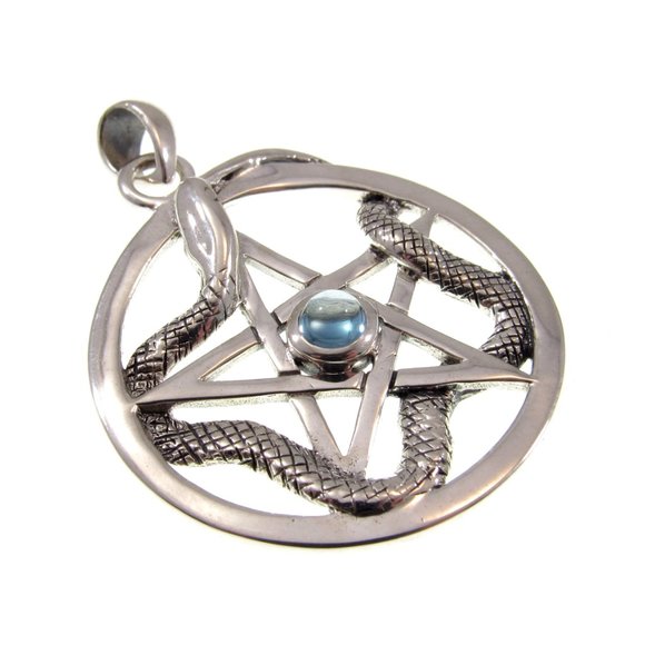 Solid 925 Sterling Silver Weaving Snake Pentacle Pentagram Pendant with Gemstone - Picture 3 of 8